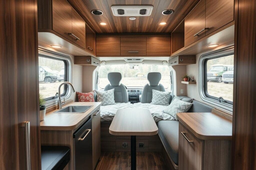 Interior of a compact portable cabin showing efficient space usage Interior of a compact portable cabin showing efficient space usage