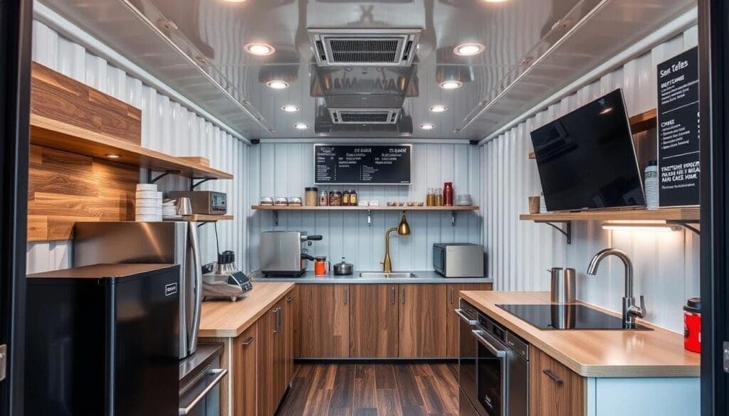 Interior of a container cafe showing counter and kitchen setup Interior of a container cafe showing counter and kitchen setup