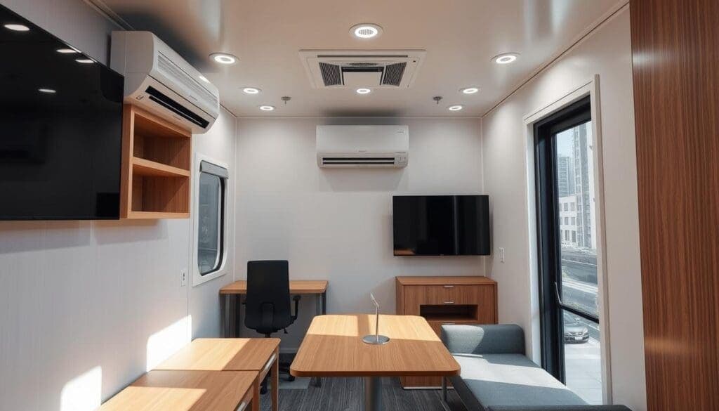 Interior of a modern portable office cabin with smart design features Interior of a modern portable office cabin with smart design features
