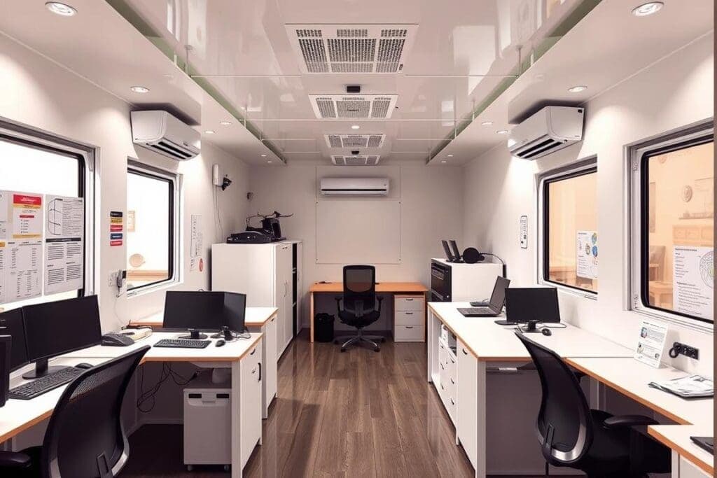 Interior of a modular office cabin showing efficient workspace layout in Pitampura Interior of a modular office cabin showing efficient workspace layout in Pitampura