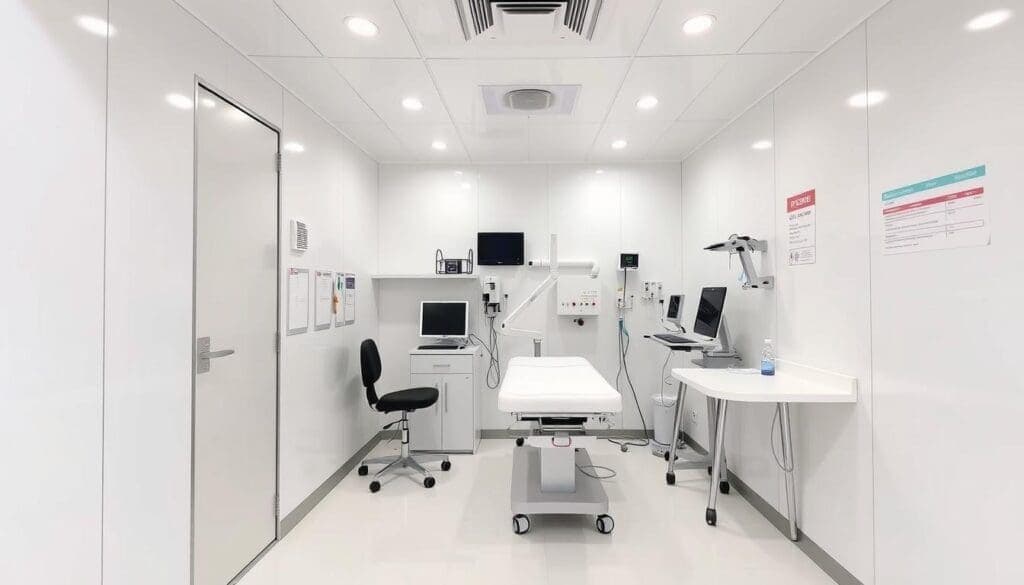 Interior of a portable clinic cabin showing medical setup Interior of a portable clinic cabin showing medical setup