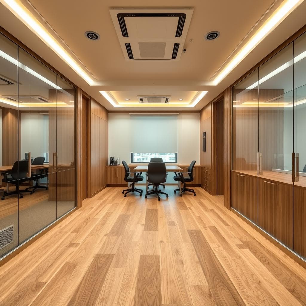 Interior of a premium portable office cabin in Greater Kailash showing high-end finishes Interior of a premium portable office cabin in Greater Kailash showing high-end finishes