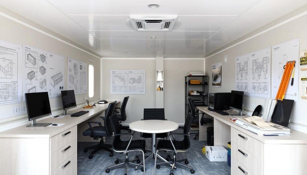 Interior of construction site office showing workstations and meeting area Interior of construction site office showing workstations and meeting area