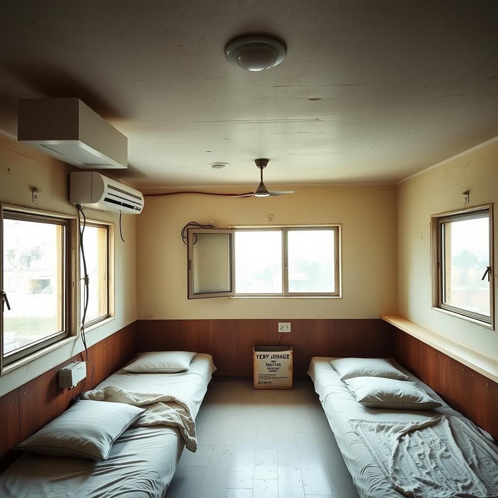 Interior of labour colony room showing ventilation and basic amenities Interior of labour colony room showing ventilation and basic amenities