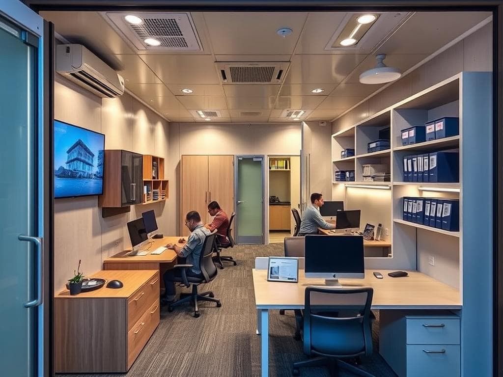 Interior of space-optimized container office in Faridabad industrial site Interior of space-optimized container office in Faridabad industrial site