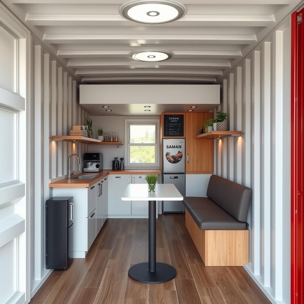 Interior view of a compact container cafe showing efficient use of limited space Interior view of a compact container cafe showing efficient use of limited space