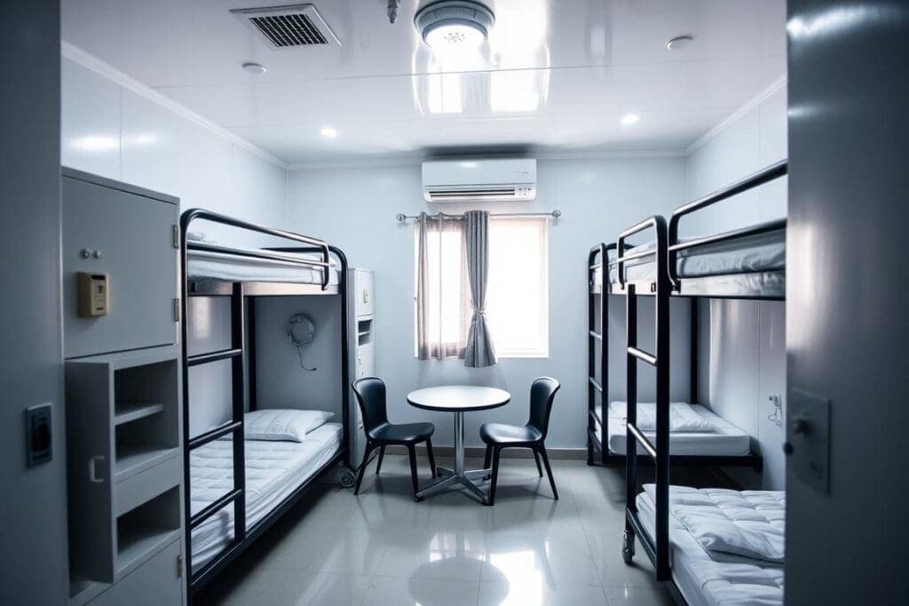 Interior view of a customized labour colony room showing amenities and space optimization Interior view of a customized labour colony room showing amenities and space optimization