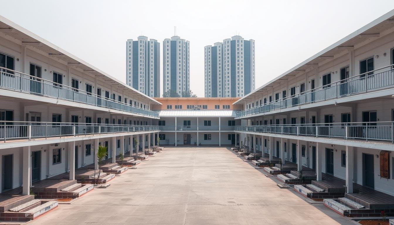 Labour Colonies in Gurgaon with modern prefabricated structures at a commercial construction site