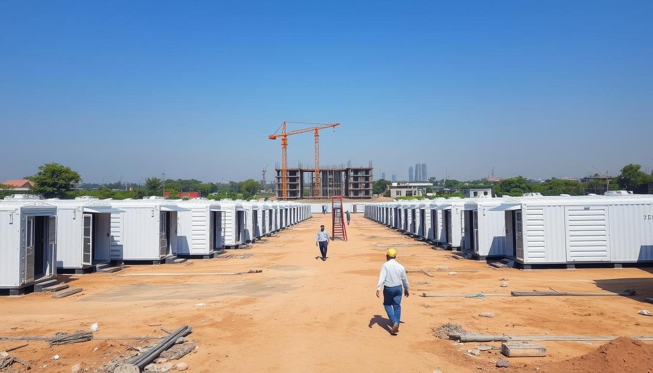 Labour Colonies in West Delhi with prefab housing units set up near a construction site