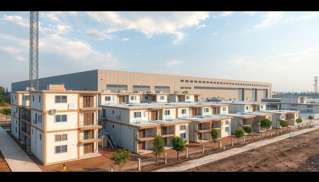 Labour colony adjacent to warehouse facility in Greater Noida showing modular layout Labour colony adjacent to warehouse facility in Greater Noida showing modular layout