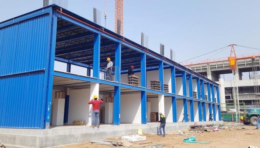 Labour colony installation in progress at Alpha Sector, Greater Noida showing G+1 configuration Labour colony installation in progress at Alpha Sector, Greater Noida showing G+1 configuration