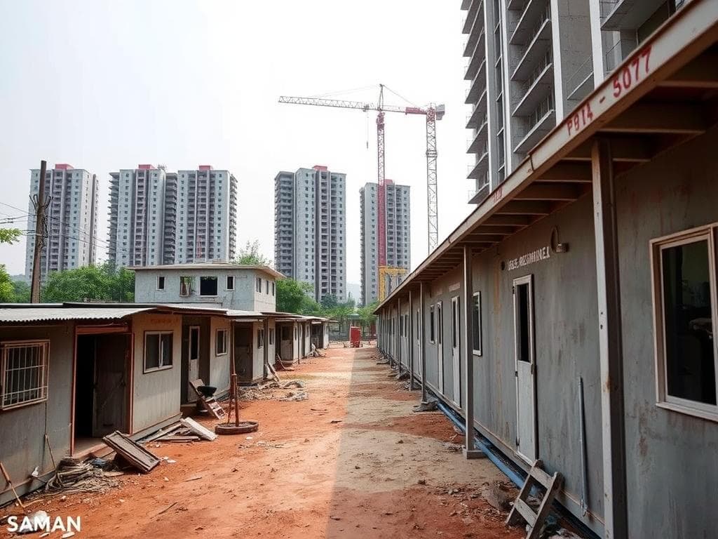 Labour colony supporting a luxury residential development in South Delhi Labour colony supporting a luxury residential development in South Delhi