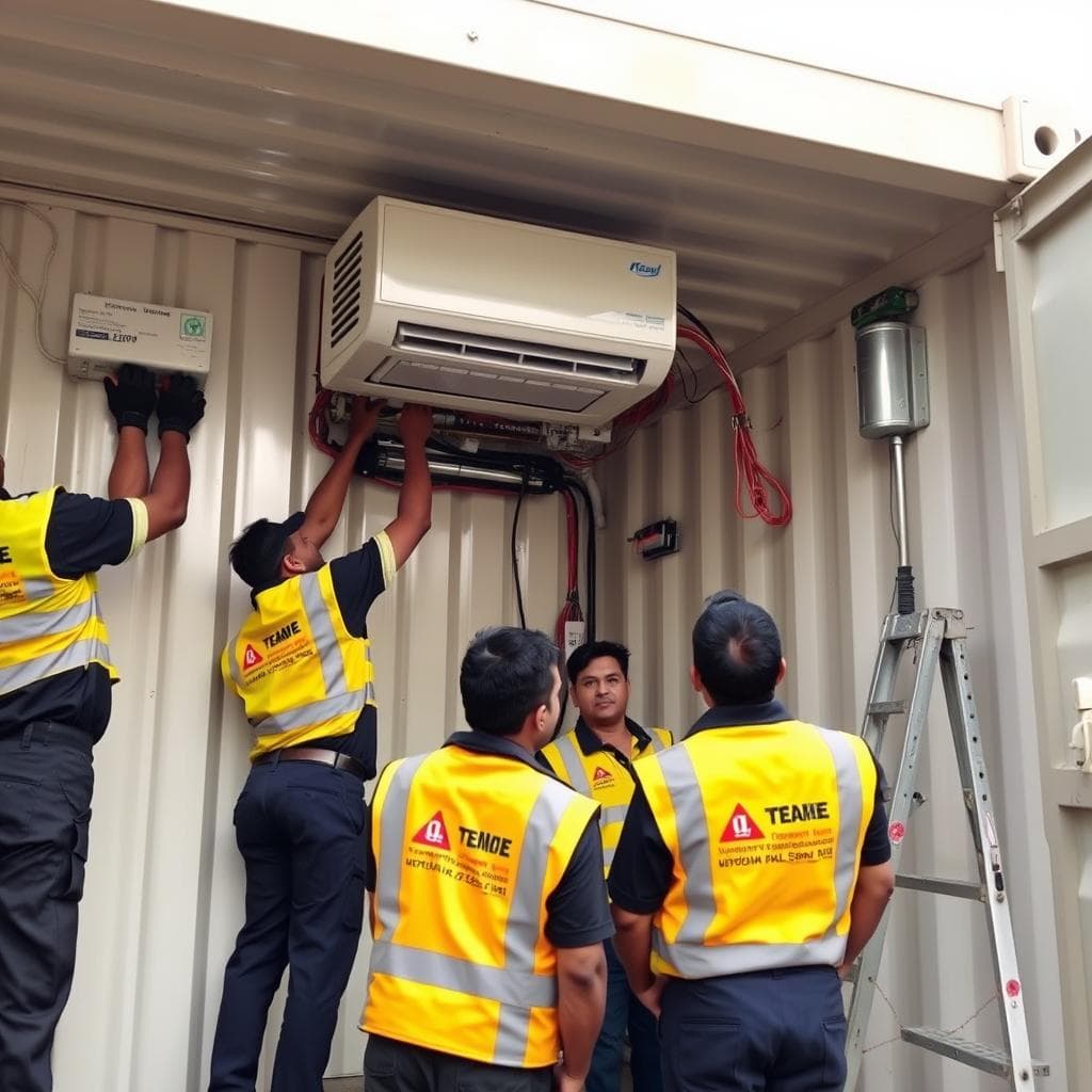 Local service team maintaining container office Local service team maintaining container office