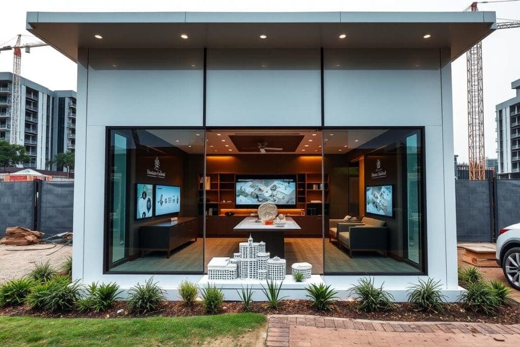 Luxury real estate sales office in a portable cabin at a development site in Greater Kailash Luxury real estate sales office in a portable cabin at a development site in Greater Kailash