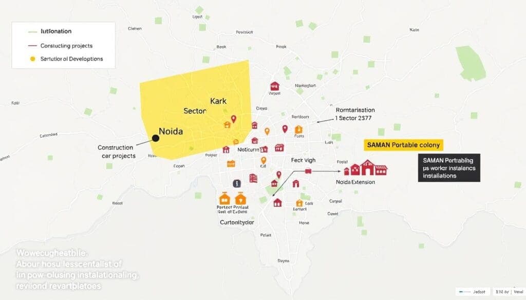 Map highlighting key construction zones in Noida with labour colony installations Map highlighting key construction zones in Noida with labour colony installations