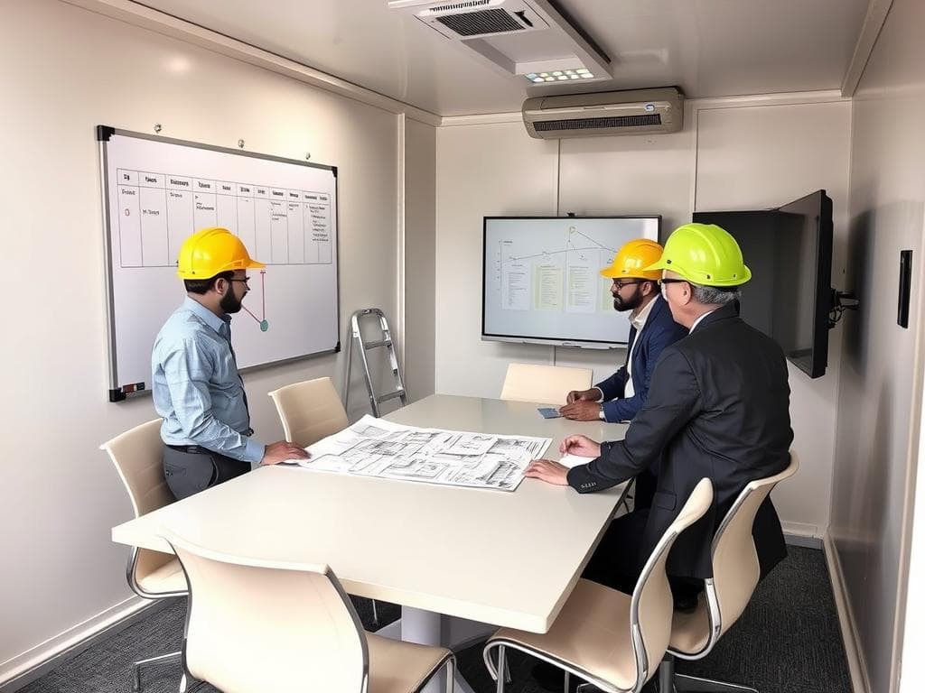Meeting area inside a portable office cabin at a construction site in Shalimar Bagh Meeting area inside a portable office cabin at a construction site in Shalimar Bagh