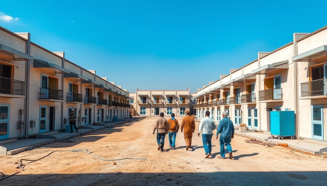 Modern Labour Colonies in North Delhi with workers entering a prefabricated housing complex