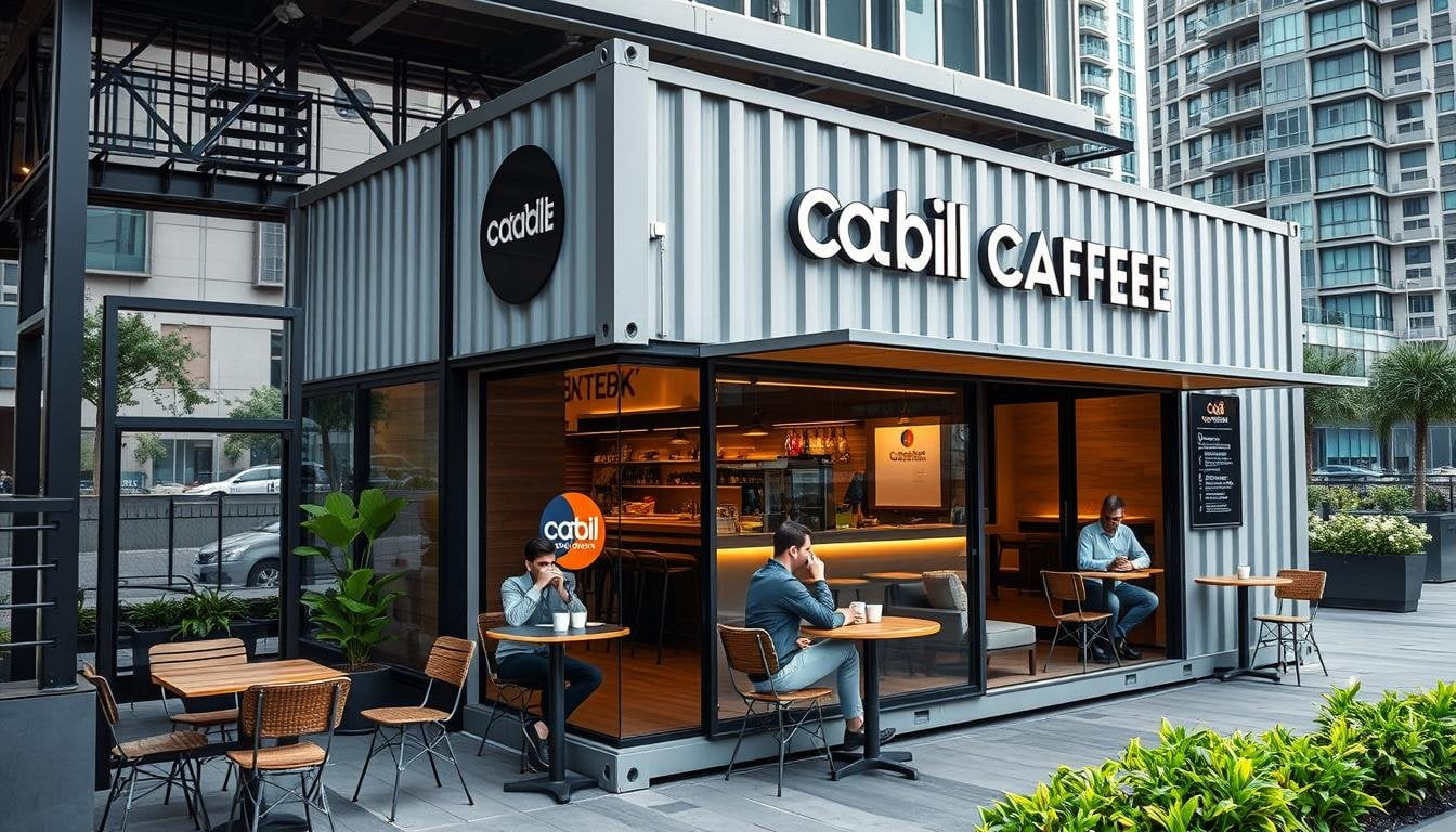 Modern container cafe setup in Noida's IT corridor with outdoor seating and branded exterior