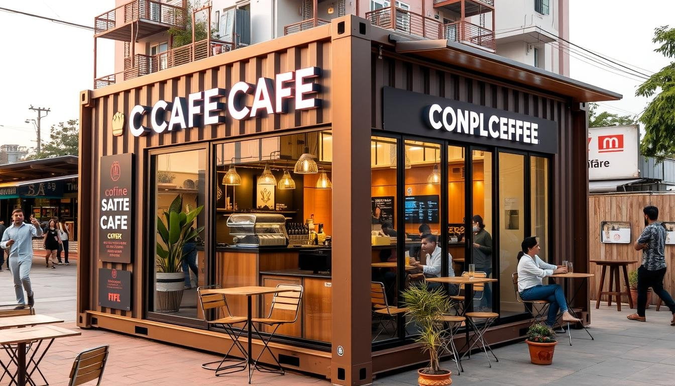 Modern container cafe setup in West Delhi with outdoor seating and branded exterior