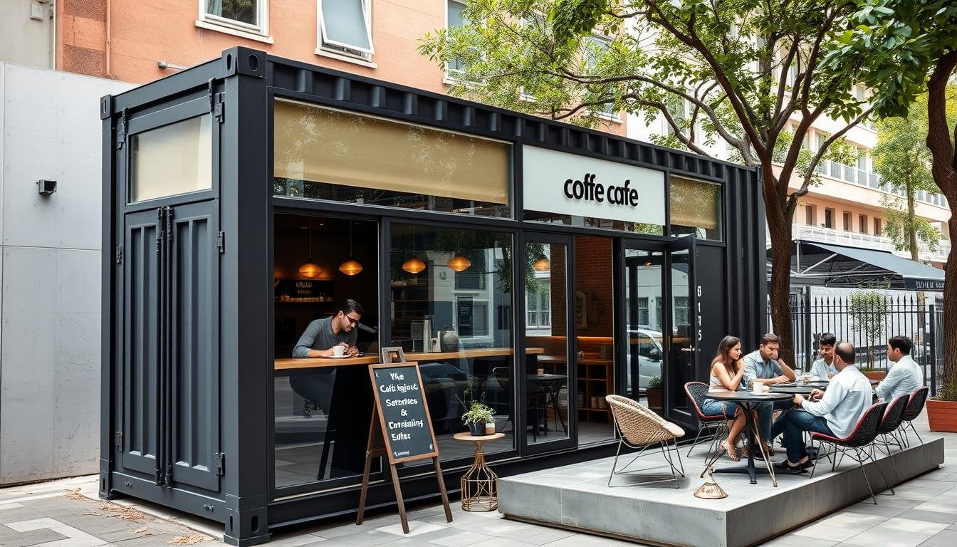 Modern container cafe with outdoor seating in South Delhi