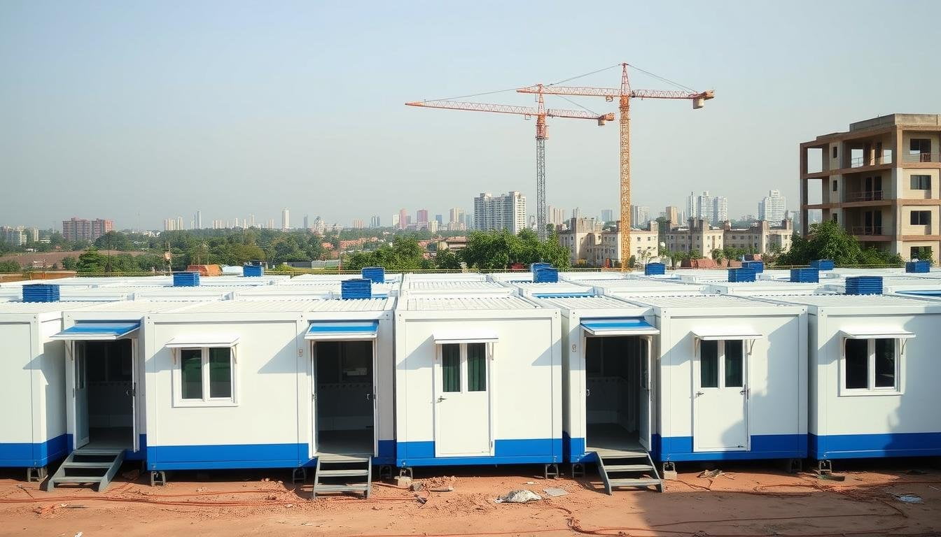 Modern labour colonies in South Delhi with prefabricated structures near a construction site