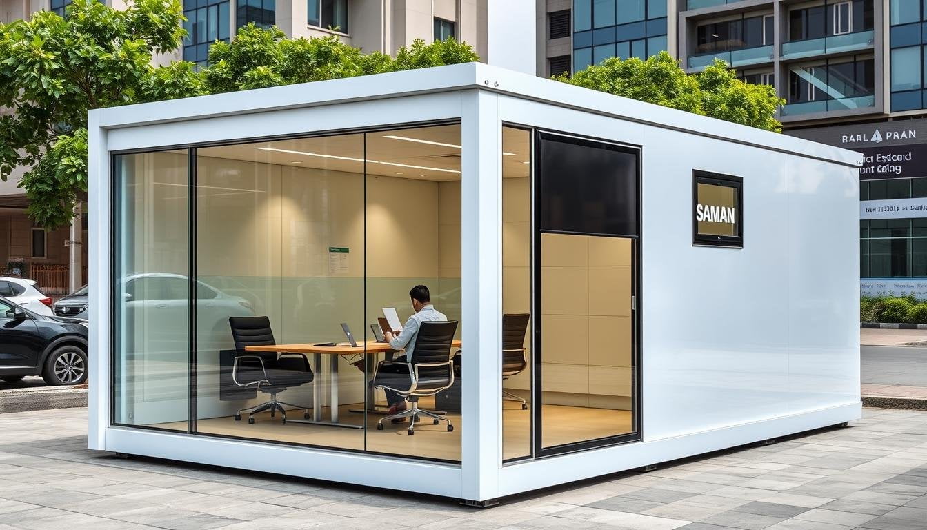 Modern portable office cabin installed in West Delhi commercial area