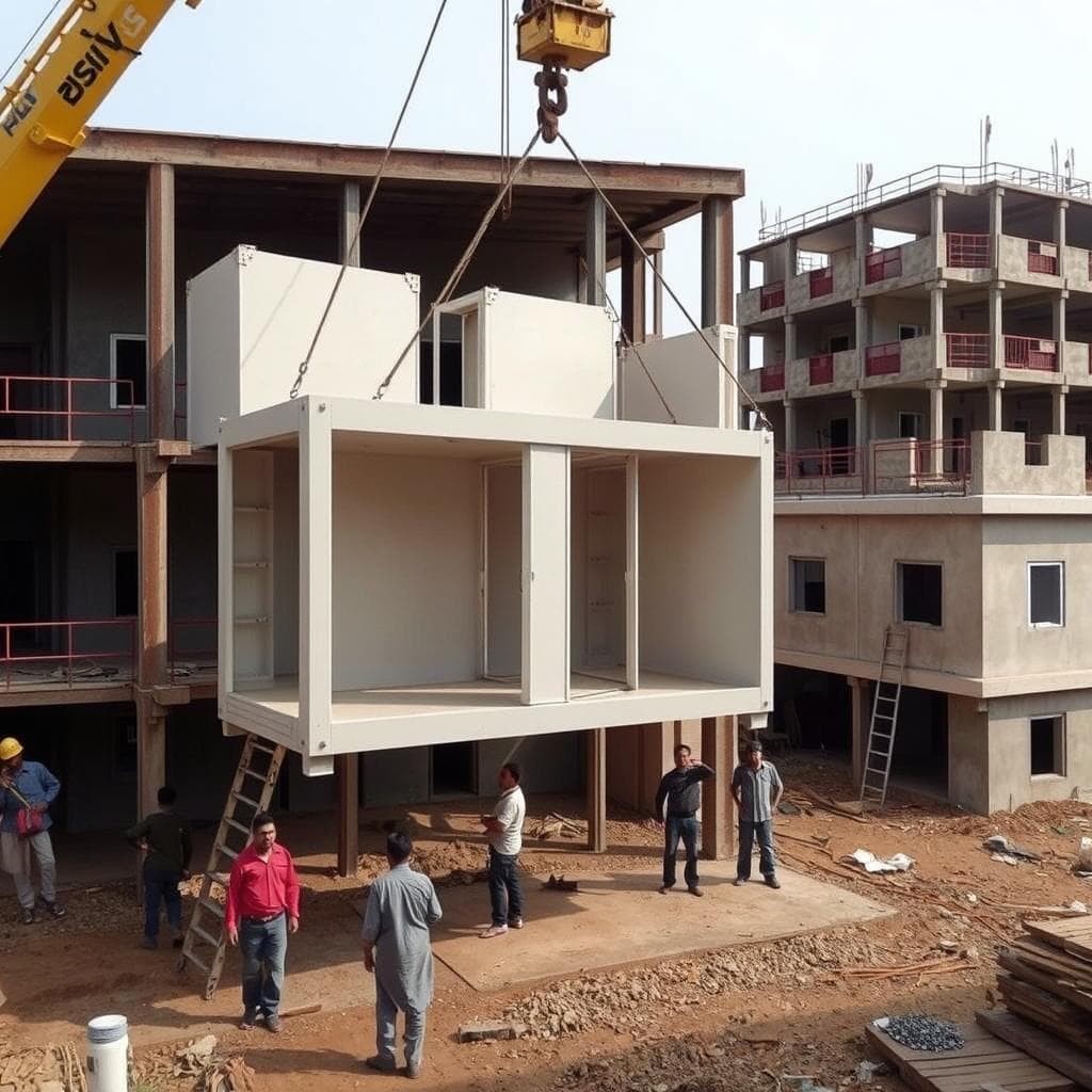 Modular assembly of labour colony units in Rohini showing crane placement Modular assembly of labour colony units in Rohini showing crane placement