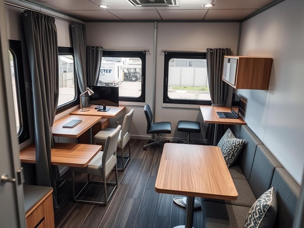 Multi-functional furniture in a portable cabin office Multi-functional furniture in a portable cabin office