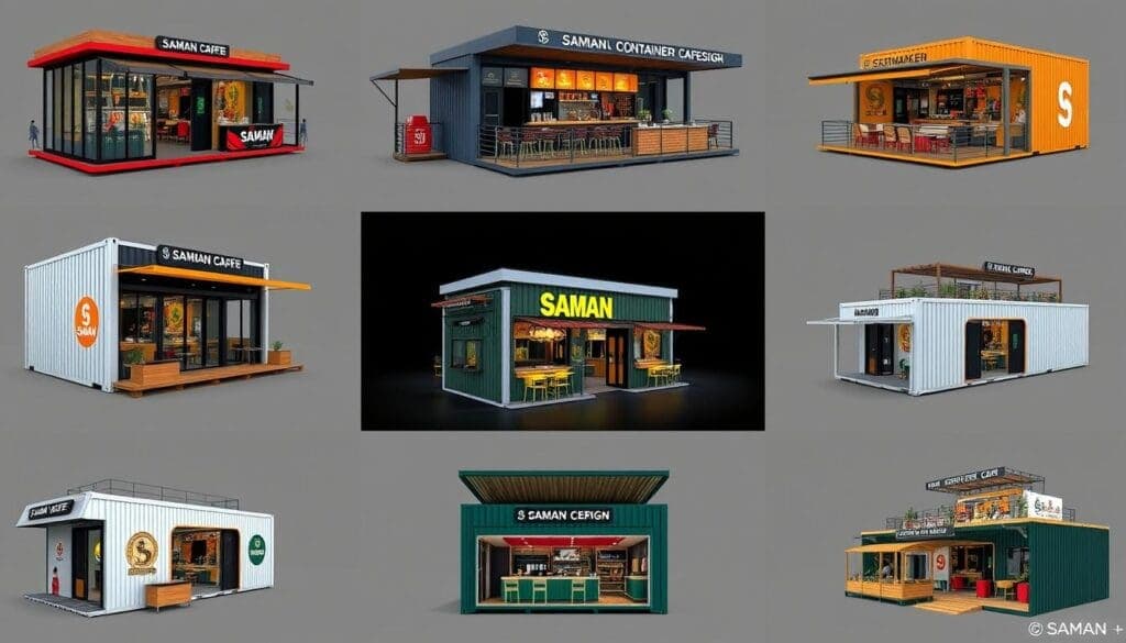Multiple container cafe designs by SAMAN showing different styles and configurations Multiple container cafe designs by SAMAN showing different styles and configurations