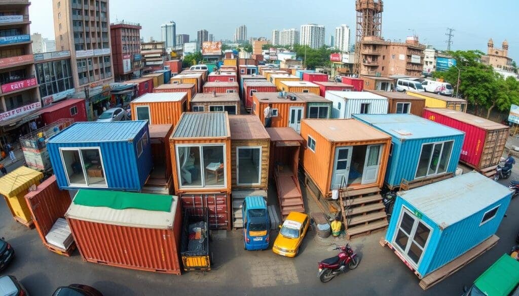 Multiple container offices serving different businesses in Central Delhi Multiple container offices serving different businesses in Central Delhi