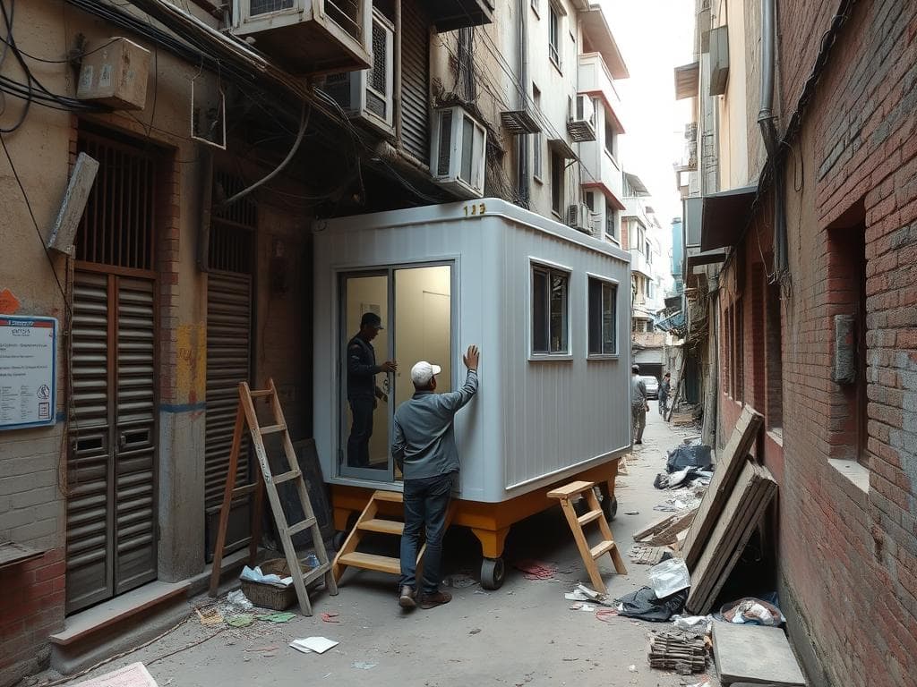 Narrow lane in Shahdara with portable office cabin installation Narrow lane in Shahdara with portable office cabin installation