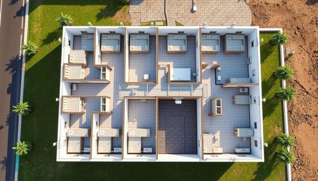 Overhead view of 16-room modular labour colony layout in Greater Noida Overhead view of 16-room modular labour colony layout in Greater Noida