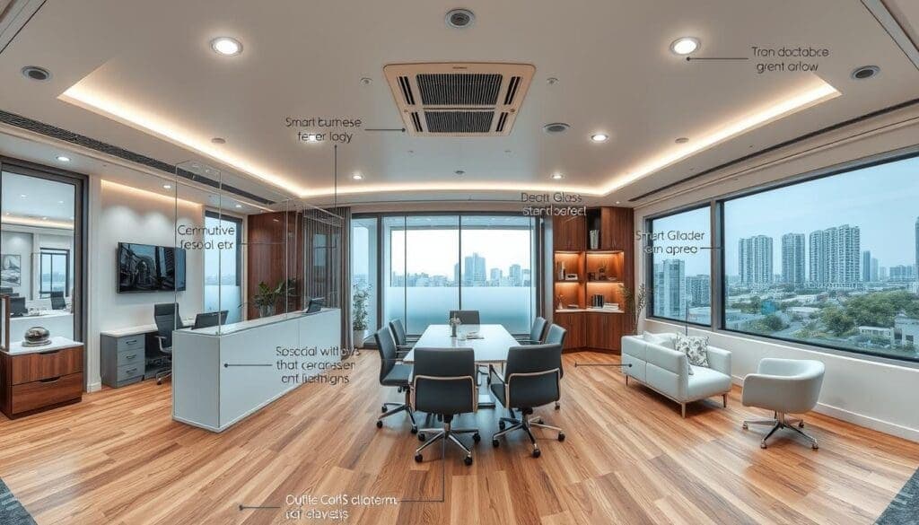 Panoramic view of a premium portable office interior in South Delhi showing multiple smart features Panoramic view of a premium portable office interior in South Delhi showing multiple smart features
