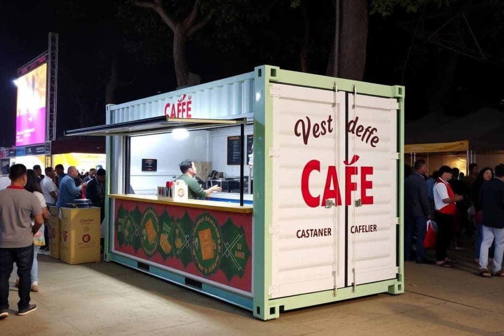 Pop-up container cafe at a West Delhi event with temporary setup and branding Pop-up container cafe at a West Delhi event with temporary setup and branding