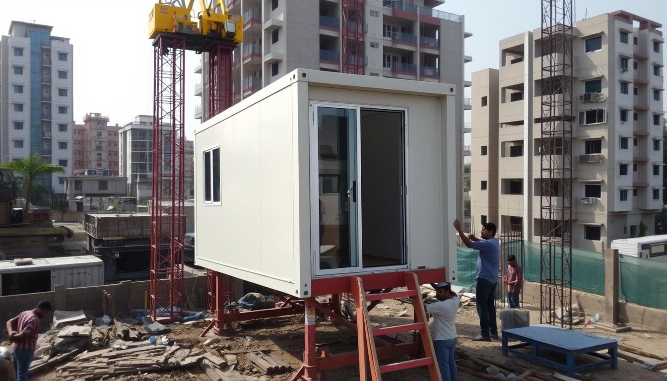 Portable cabin being installed in a crowded East Delhi construction site