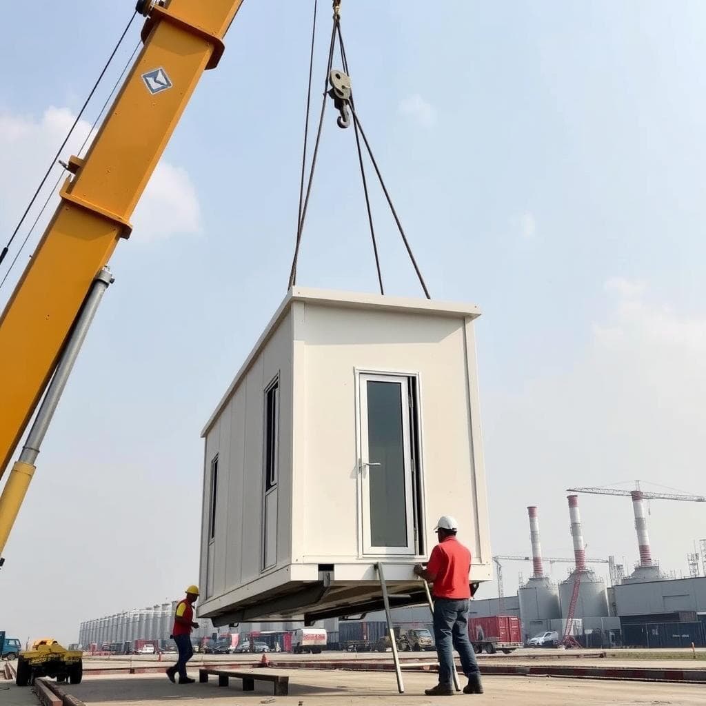 Portable cabin being relocated at Gamma Sector industrial site Portable cabin being relocated at Gamma Sector industrial site