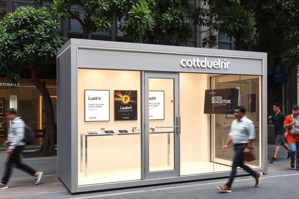 Portable cabin with glass facade and modern branding in Central Delhi Portable cabin with glass facade and modern branding in Central Delhi