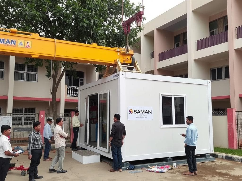Portable office cabin being installed at a school in Vaishali Portable office cabin being installed at a school in Vaishali
