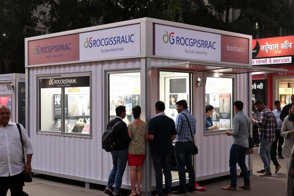Portable office cabin being used as a sales booth in Karol Bagh Portable office cabin being used as a sales booth in Karol Bagh