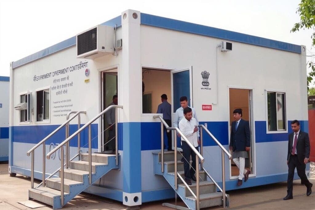 Prefab government office container in Dwarka with official markings Prefab government office container in Dwarka with official markings