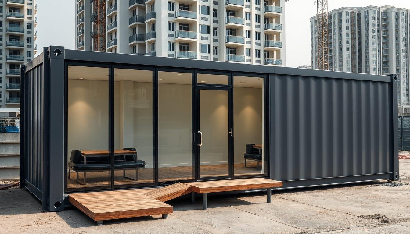 Premium container office with glass facade in South Delhi luxury project site