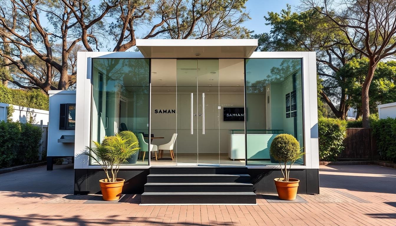 Premium portable office cabin installed in Greater Kailash, South Delhi with modern glass facade and elegant entrance