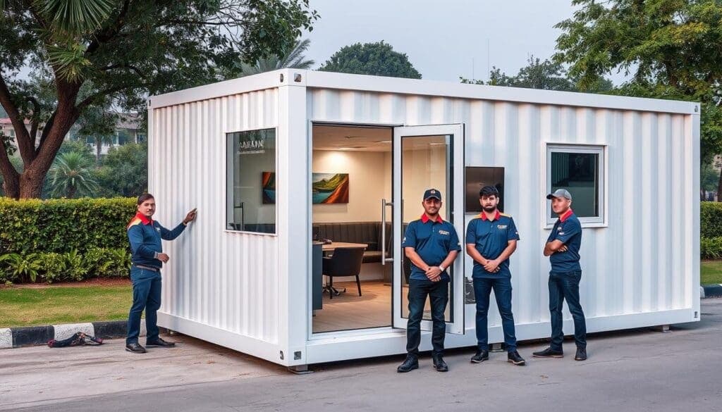 Professional team setting up a portable office cabin in Golf Course Road, Gurgaon Professional team setting up a portable office cabin in Golf Course Road, Gurgaon