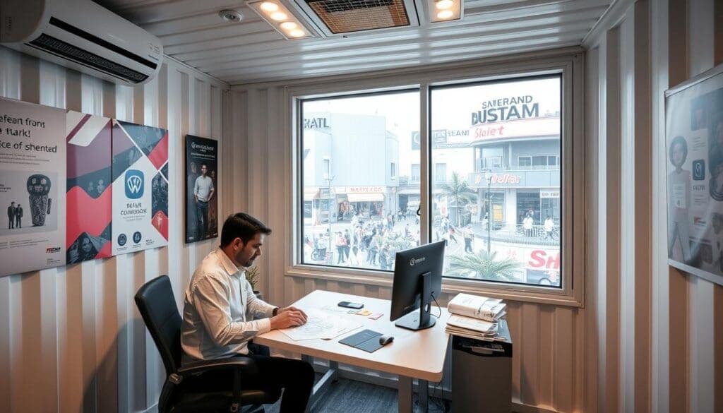 Retail manager working in container office in Shahdara market Retail manager working in container office in Shahdara market