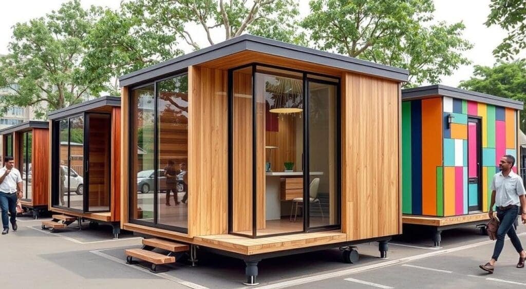 Row of stylish portable cabins in Central Delhi showing different design options Row of stylish portable cabins in Central Delhi showing different design options