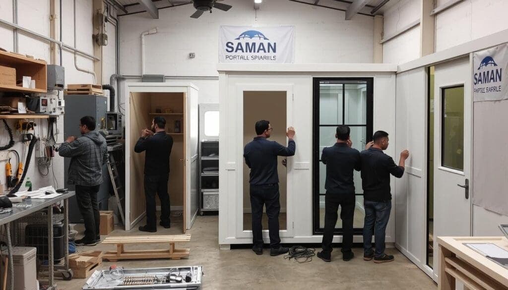 SAMAN Portable's customization workshop showing portable cabin customization in progress SAMAN Portable's customization workshop showing portable cabin customization in progress