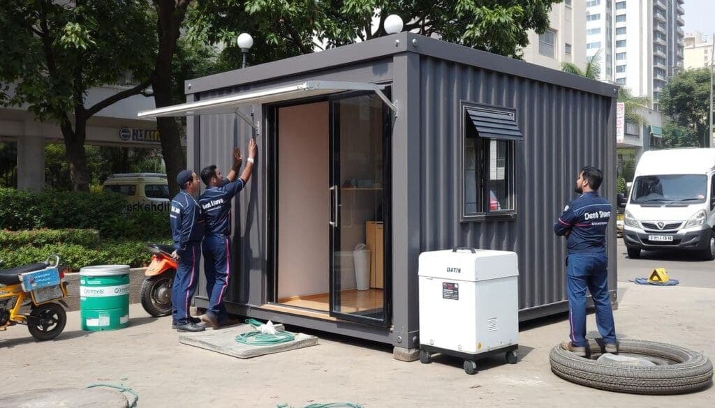 SAMAN Portable's installation team setting up a cabin in Central Delhi SAMAN Portable's installation team setting up a cabin in Central Delhi