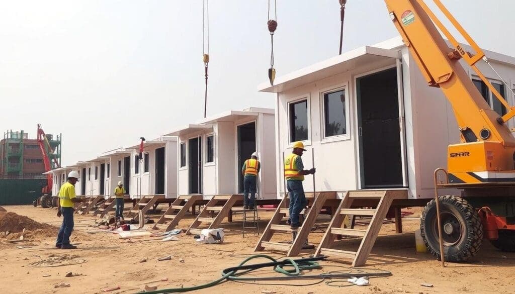 SAMAN Portable's modular worker quarters being installed at a South Delhi construction site SAMAN Portable's modular worker quarters being installed at a South Delhi construction site