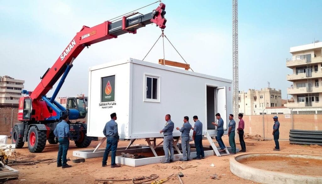 SAMAN Portable's rapid deployment team installing a portable office cabin in Model Town SAMAN Portable's rapid deployment team installing a portable office cabin in Model Town