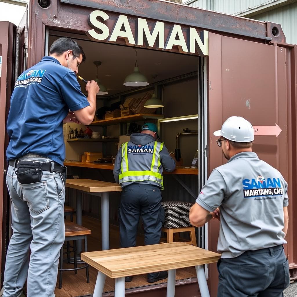 SAMAN maintenance team providing service to an operational container cafe SAMAN maintenance team providing service to an operational container cafe
